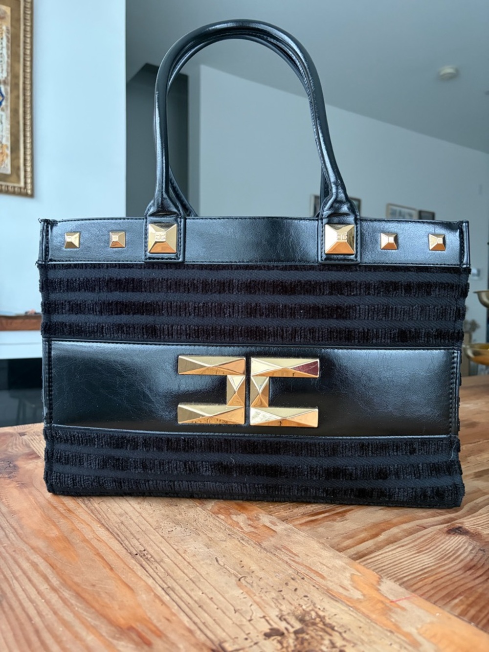 Elisabetta Franchi - Black Satchel with Gold Pyramid Hardware